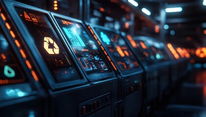 Obraz premium Recycling station with glowing holographic waste sorting displays in a futuristic city Futuristic Hologram Eco-Friendly