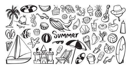 Summer themed elements with beach ball, sailboat, ice cream, and sea creatures. Vector cartoon illustration