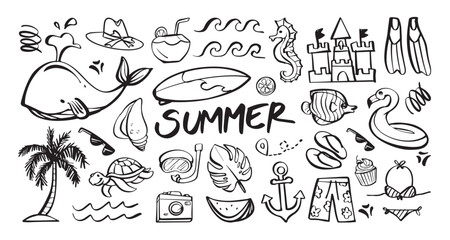 Summer themed doodles with whale, sunglasses, palm tree, and beach elements. Vector cartoon illustration © YG Studio