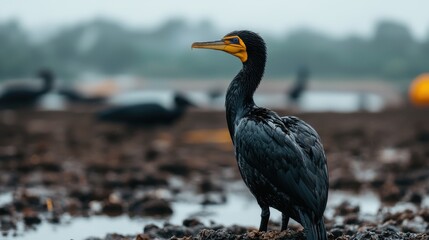 Obraz premium Cormorant on a Wetland Shoreline in Foggy Weather