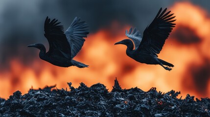Fototapeta premium Birds in Flight Over Flaming Waste Site