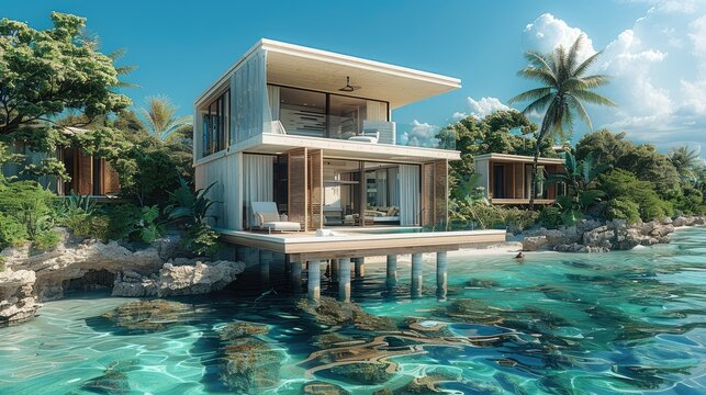 A minimalist stilt house made from light beige limestone, set against the blue waters. The house stands elegantly on sturdy wooden stilts, with a tropical garden lush with greenery surrounding it.