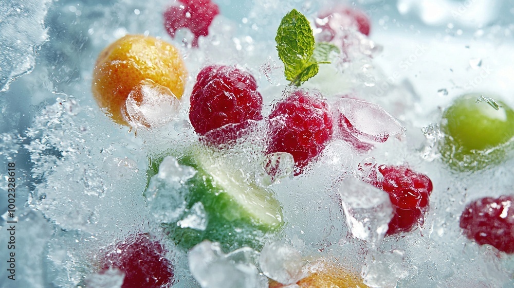 Poster a close-up of several fruits submerged in water, with a green leaf floating above them and other fru