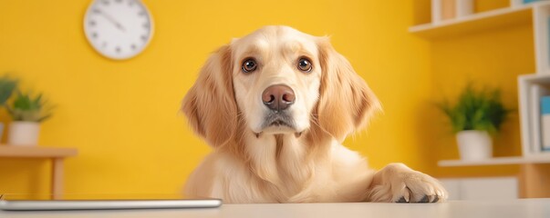 Friendly dog looking curiously with a yellow background.