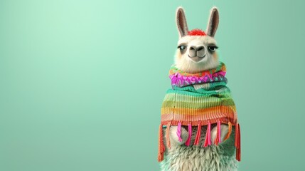 A cartoon llama wearing a colorful scarf looks at the camera.