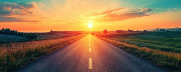 A serene sunrise over an open road, surrounded by lush fields, inviting exploration and adventure in nature's beauty.