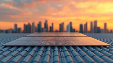 Solar Panels on Roof with City Skyline at Sunset
