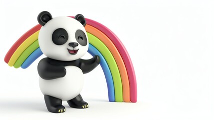 A happy panda standing near a rainbow on a white background.