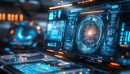 Obraz premium Smart devices in a futuristic home setup, with holographic controls and neon lighting Futuristic Minimalist High Detail