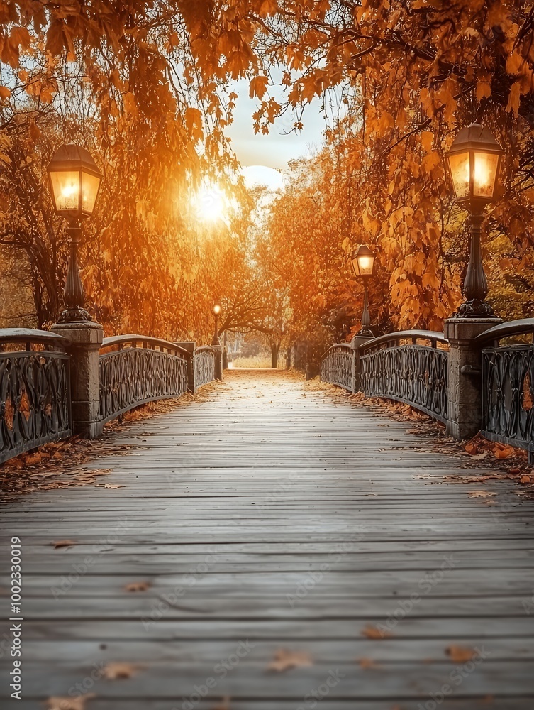 Poster A wooden bridge in a park with colorful autumn leaves