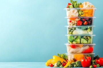 Stacked meal prep containers filled with fresh vegetables and fruits, light background.