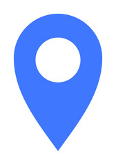 A blue location pin with a hole in its center. Ideal for maps, navigation apps, GPS services, location marking, and directional guides. Simple, modern style.