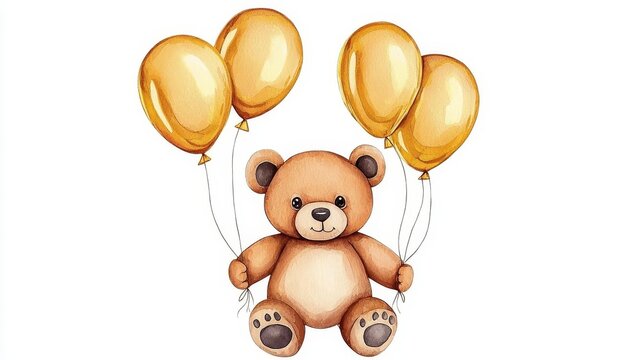 Adorable teddy bear holding three golden balloons on a white background.