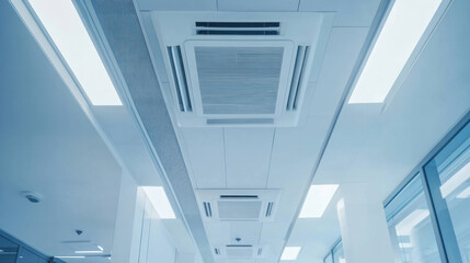 Modern air conditioning units are installed in bright, spacious office environment, providing comfort and efficiency. sleek design complements contemporary architecture