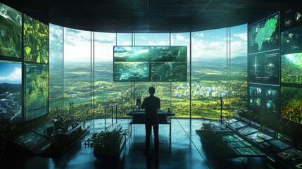 A climate change analyst monitors real-time environmental data in a high-tech control room with eco-friendly city views. Generative AI