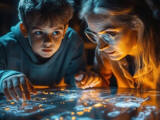 Teacher and student in a futuristic classroom, working together with holographic learning tools  Futuristic  Hologram  Soft Lighting