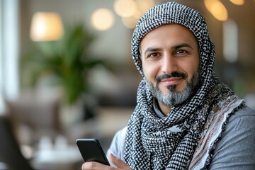 Middle Eastern man in a traditional keffiyeh headscarf holding a smartphone.