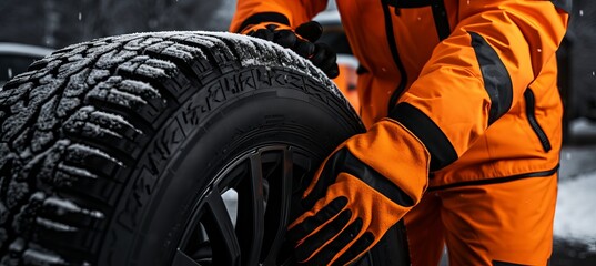 Worker in orange winter gear changes a tire in snowy conditions during a winter storm