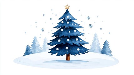A festive blue Christmas tree adorned with white ornaments and a star, surrounded by snowflakes on a white background.
