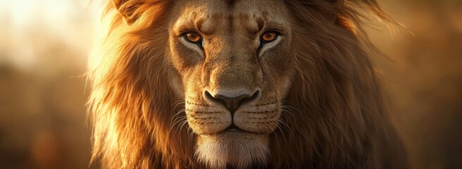 Majestic lion portrait with a rich golden mane against a warm sunset backdrop, showcasing the beauty of wildlife.