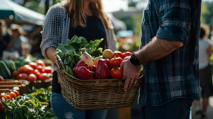 Fototapeta premium Fresh Organic Produce at a Vibrant Farmers Market: Colorful Fresh Vegetables in a Basket