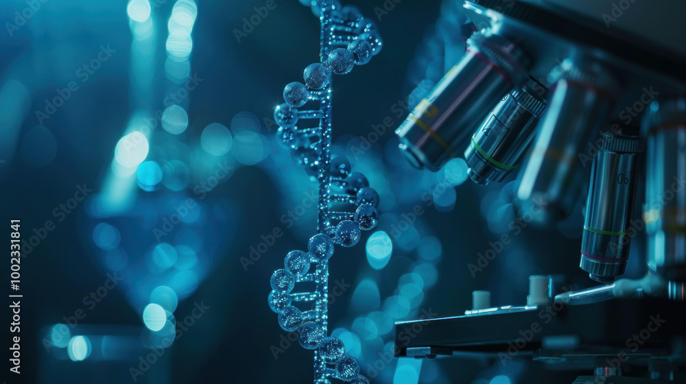 Poster close up view of dna double helix structure, illuminated with blue hue, alongside microscope, symbol