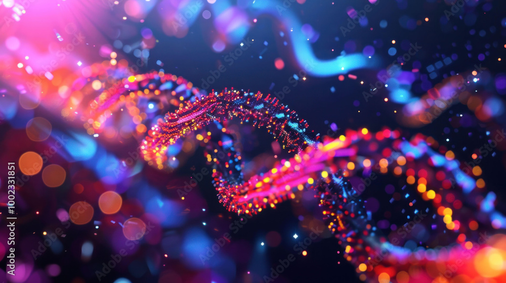 Poster vibrant and colorful representation of DNA strands, showcasing intricate details and dynamic background filled with glowing particles. This image captures essence of genetic science and innovation