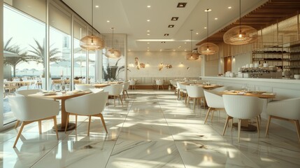 Restaurant interior, part of hotel, fresh and simple design style. 
