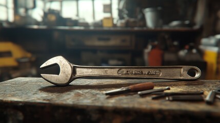 Close-up of a wrench on a workbench in a cluttered workshop