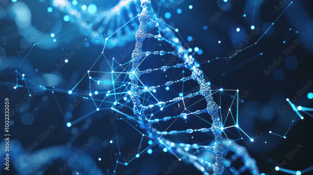 Aufkleber stunning visualization of DNA double helix, showcasing intricate molecular structures and glowing blue particles. This image captures essence of genetic science and innovation