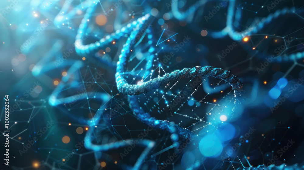 Poster close up view of dna double helix structure, showcasing intricate details and vibrant blue colors. i