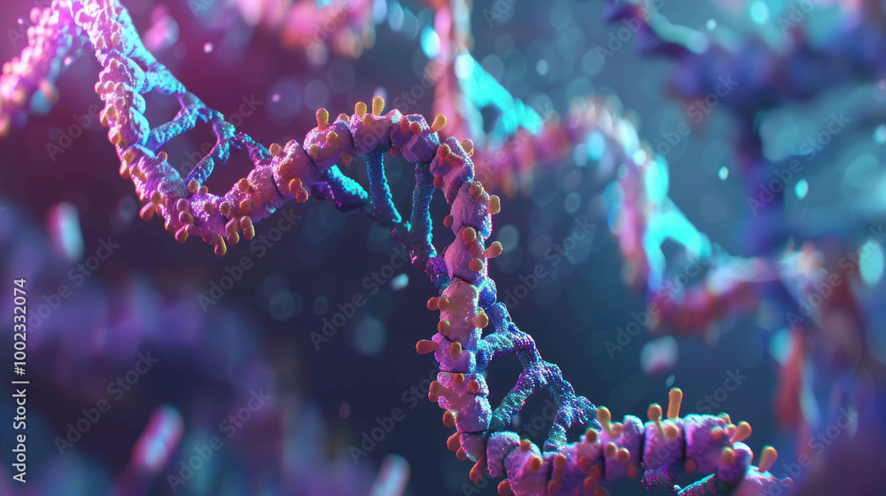 Poster vibrant and intricate representation of DNA strands, showcasing double helix structure with colorful molecular components. This image captures essence of genetic science and molecular biology