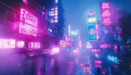 Travel photography in a neon-lit city, capturing futuristic architecture and vibrant street life  Cyberpunk  Neon  High Detail