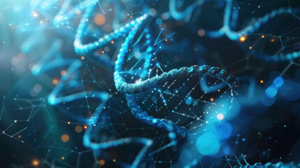 close up view of DNA double helix structure, showcasing intricate details and vibrant blue colors. image conveys sense of scientific discovery and innovation