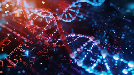 image showcases vibrant representation of DNA strands intertwined with digital elements, symbolizing fusion of biology and technology. colorful lights and intricate patterns evoke sense of