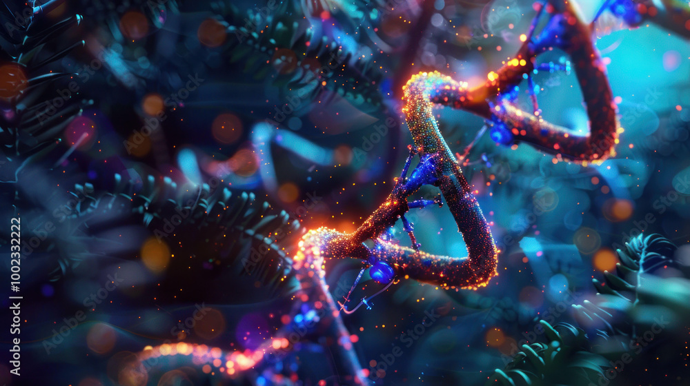 Poster vibrant and intricate representation of DNA strands, showcasing colorful and dynamic structure. image captures essence of genetic material with glowing elements and mesmerizing background