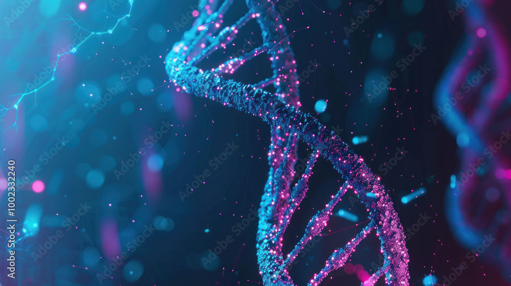 Poster vibrant and intricate representation of dna double helix, showcasing blend of blue and pink hues aga