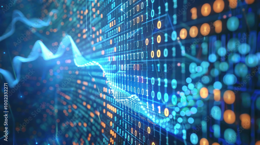 Aufkleber Digital data flows through vibrant network of binary code, showcasing dynamic nature of technology and information exchange. bright colors and patterns evoke sense of innovation and connectivity