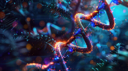 vibrant and intricate representation of DNA strands, showcasing colorful and dynamic structure. image captures essence of genetic material with glowing elements and mesmerizing background