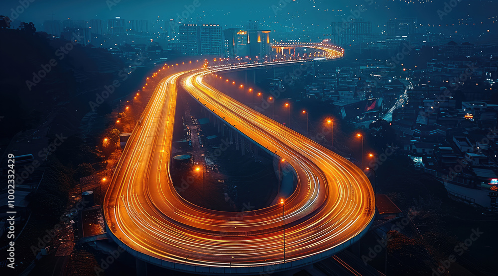 Poster Aerial view of a busy highway at night, headlights and taillights of cars create a flowing stream of light. The road is illuminated by street lights and the surrounding area is dark.