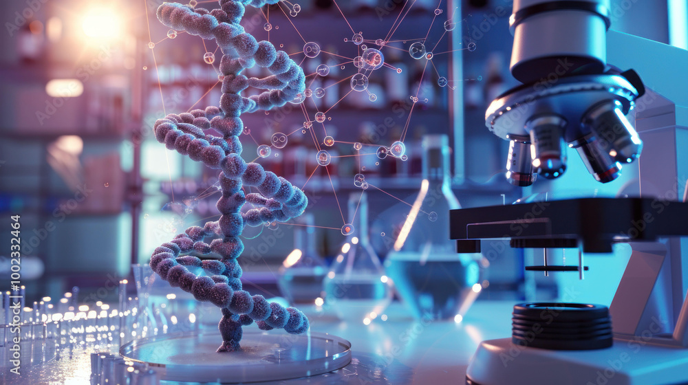 Fototapete detailed view of dna double helix structure in laboratory setting, showcasing advanced scientific eq