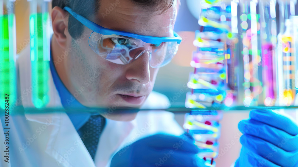 Poster focused scientist examines colorful test tubes in laboratory, showcasing intricate details of chemic
