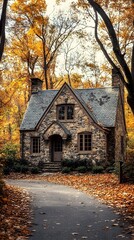Fototapeta premium A stone cottage in the woods with an autumnal backdrop