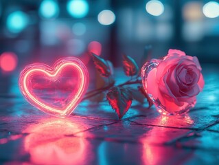 Valentine s Day celebration with glowing neon hearts and holographic roses in a sleek, modern setting  Futuristic  Neon  Soft Lighting