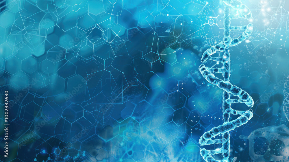 Aufkleber vibrant representation of DNA strands intertwined with hexagonal patterns, symbolizing complexity of genetic structures and molecular biology. blue tones evoke sense of innovation and scientific