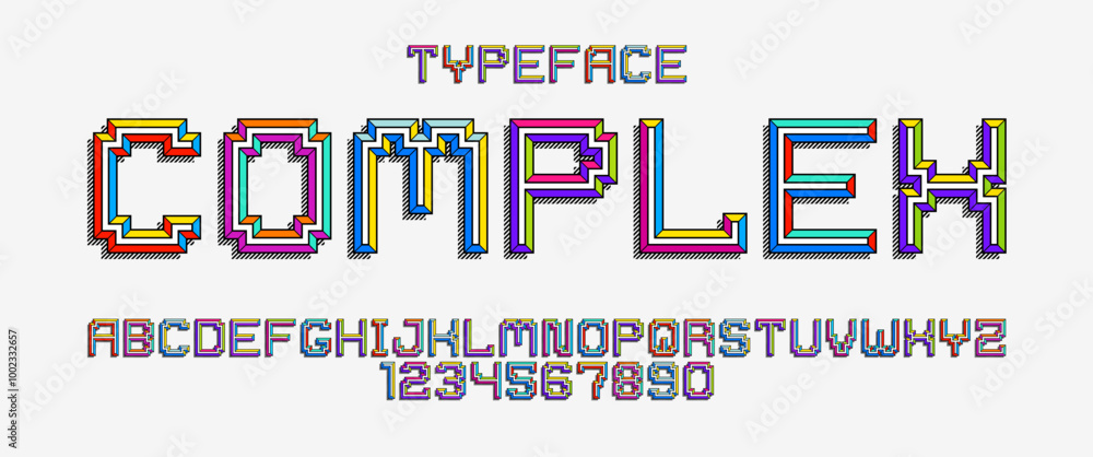 Poster child constructor colorful minimal square vector font with bevel effect, letters and numbers alphabe