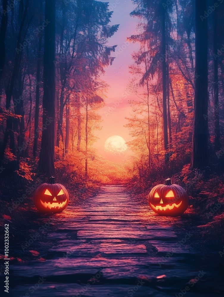 Canvas Prints Spooky jack-o'-lanterns on a path in a foggy forest.