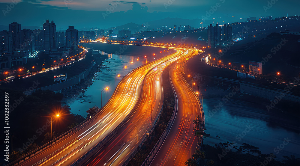 Wall mural aerial view of a busy highway at night, headlights and taillights of cars create a flowing stream of