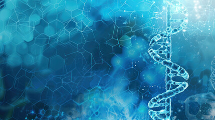 vibrant representation of DNA strands intertwined with hexagonal patterns, symbolizing complexity of genetic structures and molecular biology. blue tones evoke sense of innovation and scientific