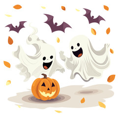 Dancing together ghosts with a pumpkin
